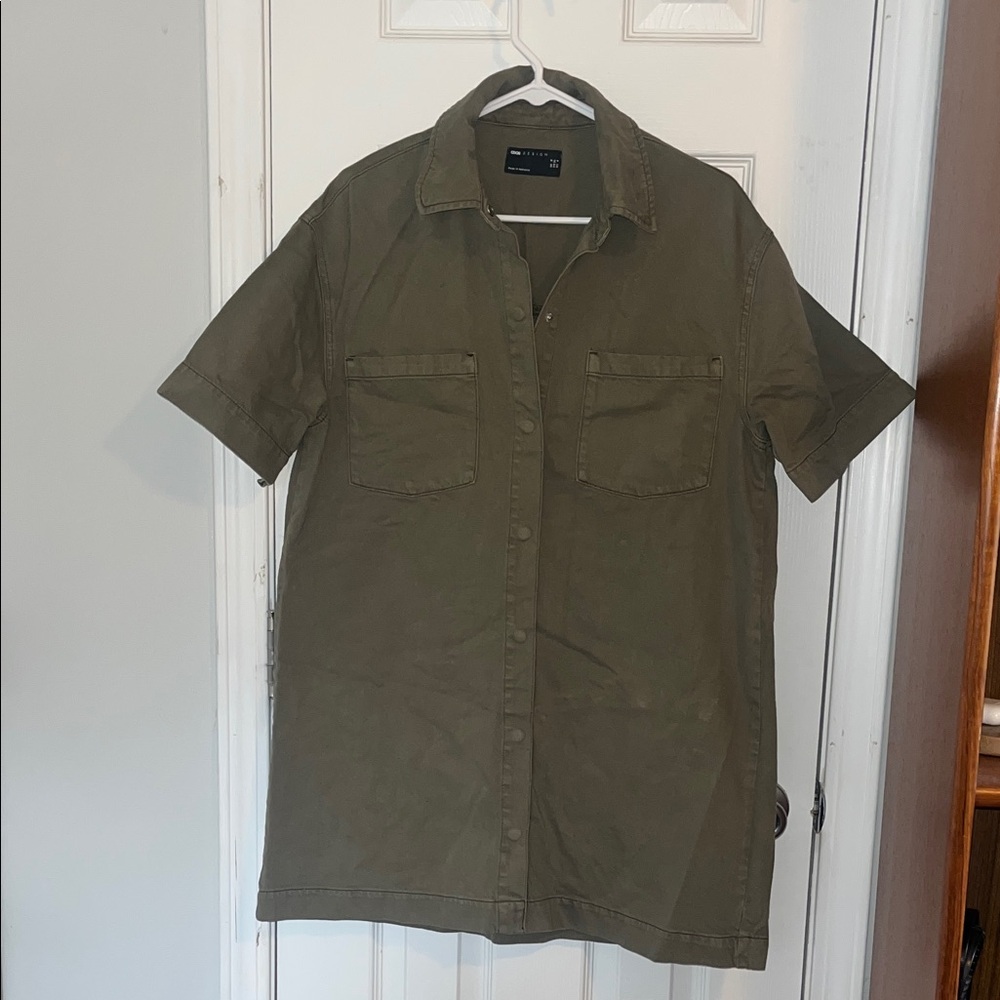 ASOS Short-Sleeve Button-Down Utility Dress in Olive Green